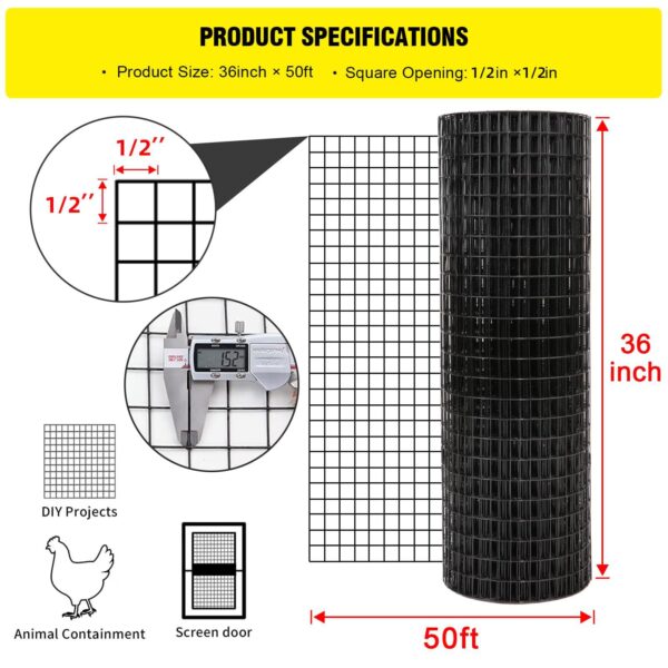 48'' x 50' 1/2inch Hardware Cloth 19 Gauge Black Vinyl Coated Welded Fence Mesh for Home