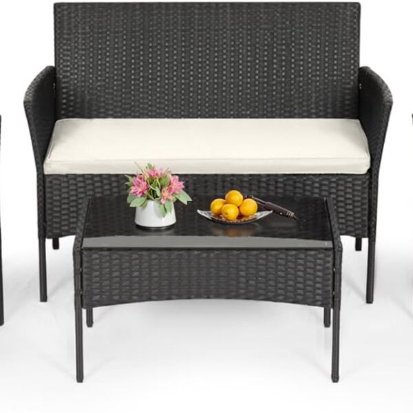 | 4-Piece Patio Furniture Set | Black | Outdoor Wicker Furniture with Coffee Table | Modern Rattan Chairs Conversation Set | Outdoor Seating | Weather-Resistant | for Porch, Garden, Lawn