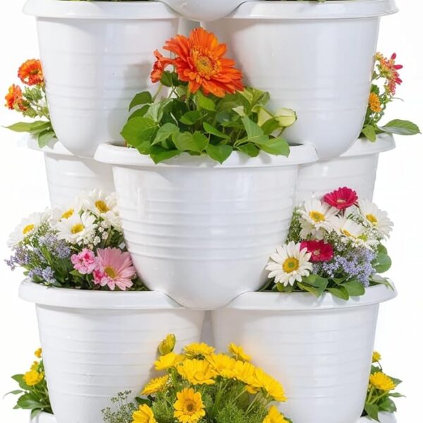 5 Tier Vertical Garden Planter, Self Watering Stackable Planters with Wheels for Strawberries, Herbs, Flowers, Vegetables, White