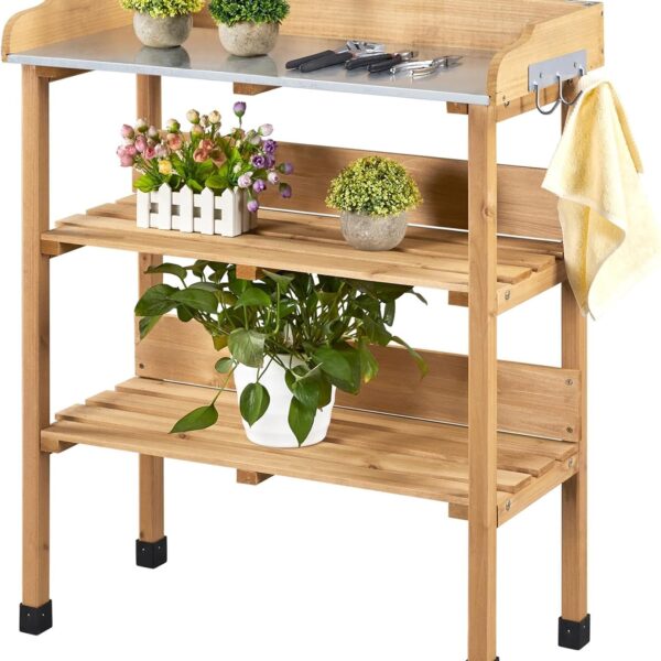 Outdoor Garden Potting Bench Table Wooden Horticulture Planting Worstation w/Metal Tabletop/Storage Shelf/3 Hooks, Natural Wood