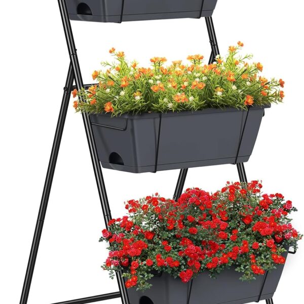 Vertical Garden Planter 3 Tier Raised Garden Bed Herb Planter Outdoor Standing Garden Planter Box with Drainage Holes Removable Tray for Patio Balcony Porch Grey