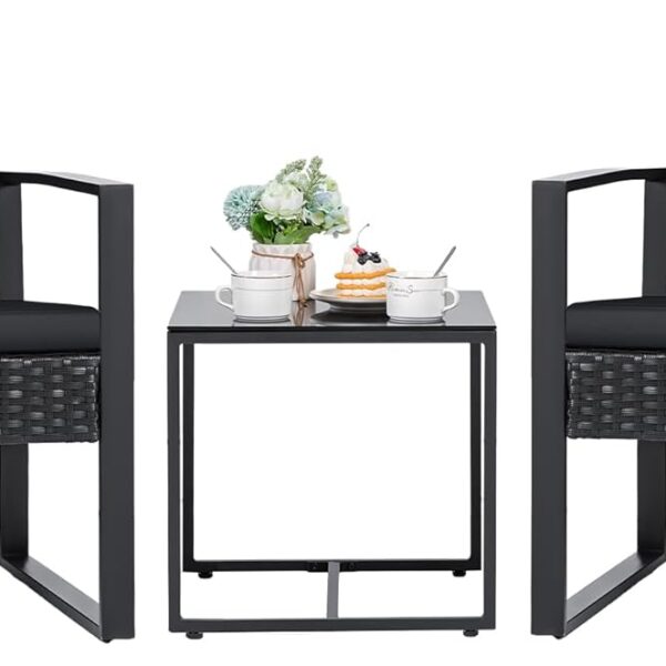 3 Pieces Patio Set Outdoor Wicker Furniture Sets Modern Rattan Chair Conversation Sets with Coffee Table for Yard and Bistro (Black)