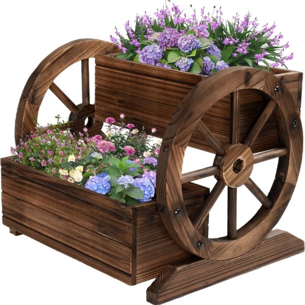 Wooden Wagon Planter Box, Garden Planter with Wheels,Decorative Planter for Flowers Herbs Vegetables for Indoor & Outdoor D??cor, Flower Cart for Patio Garden Balcony