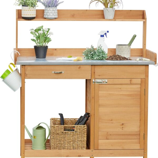 Outdoor Garden Potting Bench Table Work Bench Metal Tabletop W/Cabinet Drawer Open Shelf Natural Wood