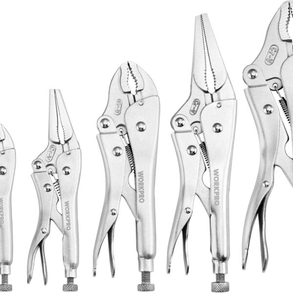 5-Piece Locking Pliers Set, Pliers Tool Set, Vice Grips with Chrome-vanadium Steel, 5/7/10 inch Curved Jaw Pliers, 6.5/9 inch Long Nose Pliers