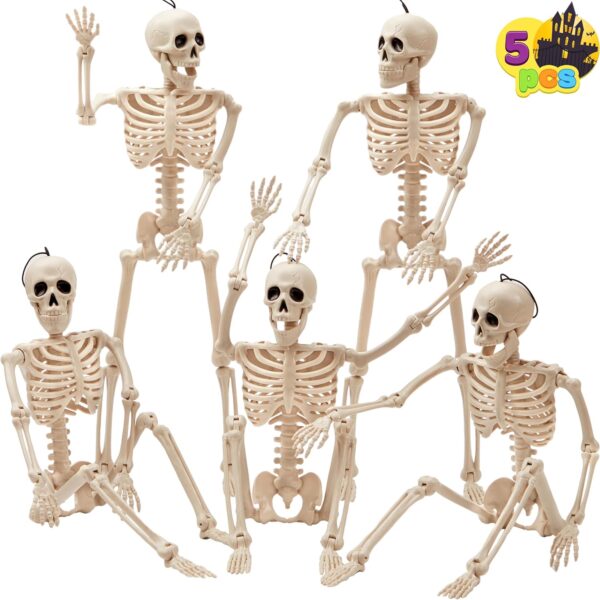 5 PCS Posable Halloween Skeleton Decor 16 Inches, Full Body Posable Joints Hanging Skeletons for Halloween Decorations, Graveyard Props, Haunted House Accessories, Spooky Scene Party Favors