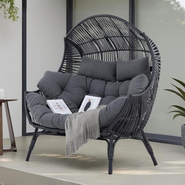Double Egg Chair Outdoor, 2 Person Wicker Lounge Chair, Oversized Thickened Padded Cushions and Headrests, 680 Lbs Egg Loveseat for Indoor, Patio, Living Room, Porch, Balcony, Dark Grey