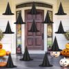 12 PCS Halloween Witch Hats, Black Hanging Witch Hat, Witch Costume Accessories Witches Hat with 328 FT Nylon Cord Wizard Hats Indoor Outdoor Halloween Decorations for Home Yard Porch Ceiling