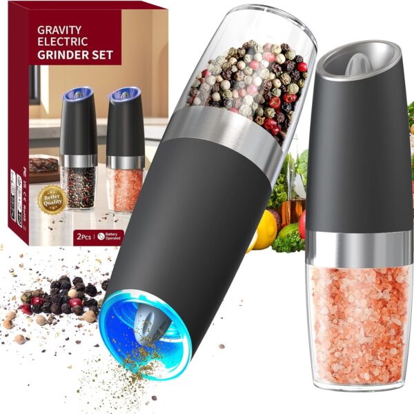 Gravity Electric Salt and Pepper Grinder Set Automatic Salt and Pepper Grinder Set with LED Light, Battery Operated, Adjustable Coarseness, Large Capacity, for Home Kitchen BBQ