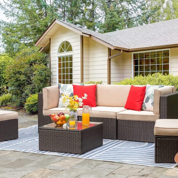6 Pieces Outdoor Patio Furniture Set, PE Wicker Rattan Sectional Sofa Patio Conversation Sets with Coffee Table for Garden, Backyard, Poolside (Beige)